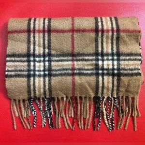 100% Cashmere Unisex Tan Plaid Scarf with Fringe Hem EUC